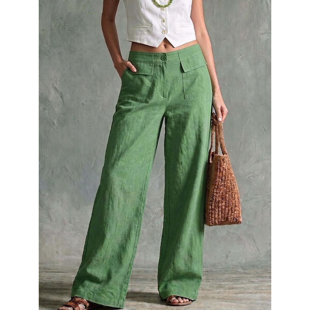 Women's High Rise Wide Leg Pants Loose Fit Solid Color Linen Palazzo Trousers Casual Commute Straight Leg Pants