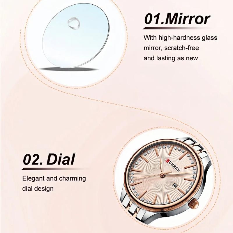 CURREN-Ladies' Luxury Rhinestone Inlaid Fashionable Business Quartz Watch Stainless Steel Simple Waterproof Luminous Calendar Watch