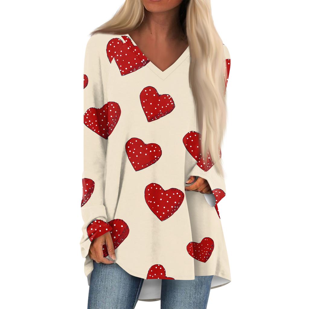 Women's Fashionable Casual Long,Sleeved Valentine's Day Print V,Neck Mid,Length Top