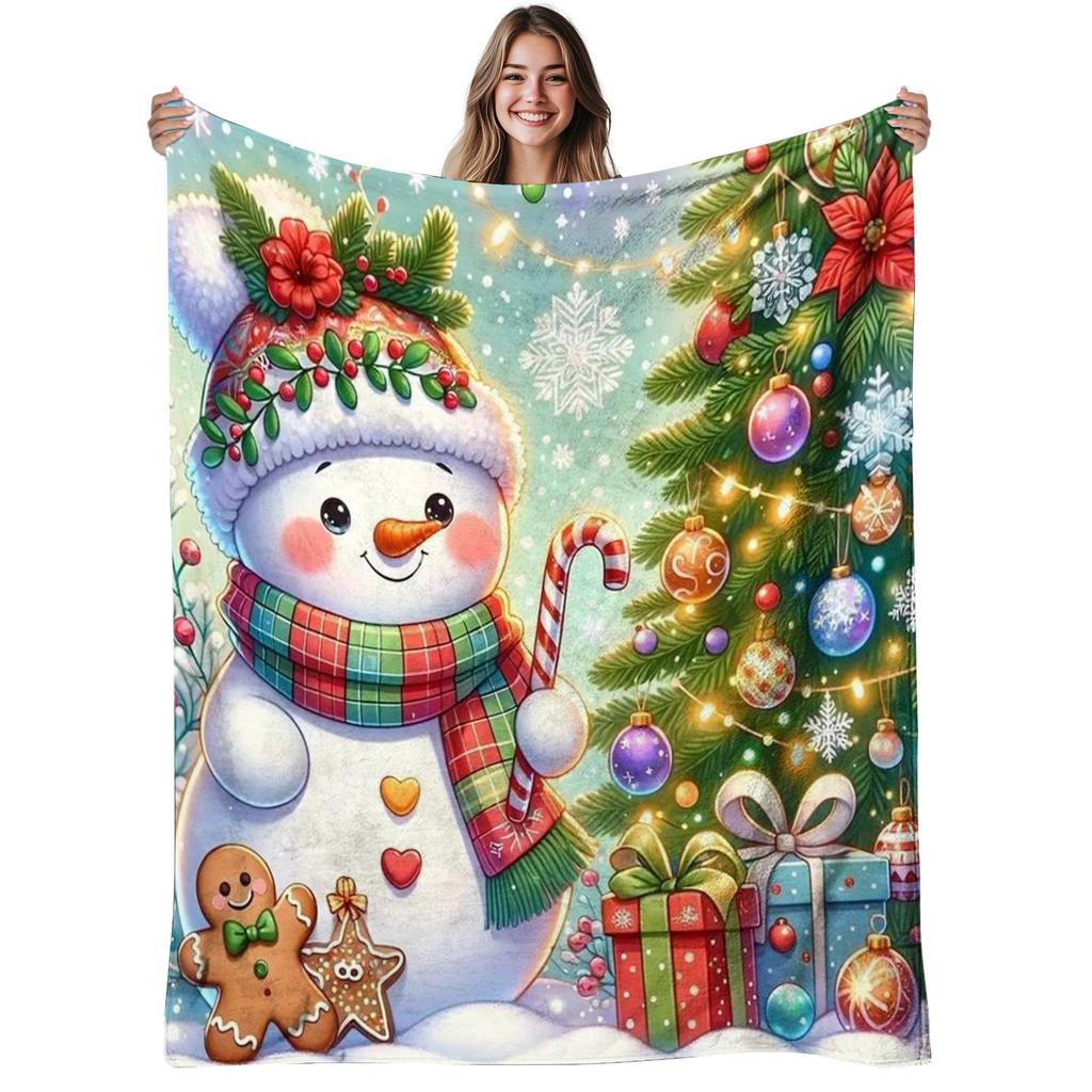 1pc Cozy Christmas Snowman Flannel Blanket - Soft Warm Bedspread with Cute Snowman & Winter Patterns, 280GSM Heavyweight Bed Cover for Couch, Sofa, Be