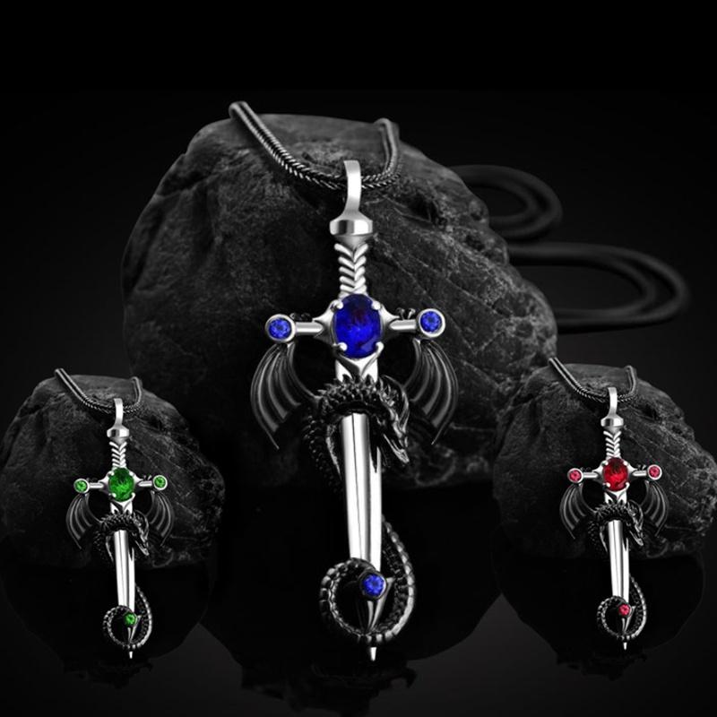 Vintage Gothic Warrior Dragon with Ruby/Sapphire/Emerald Sword Pendant Necklace