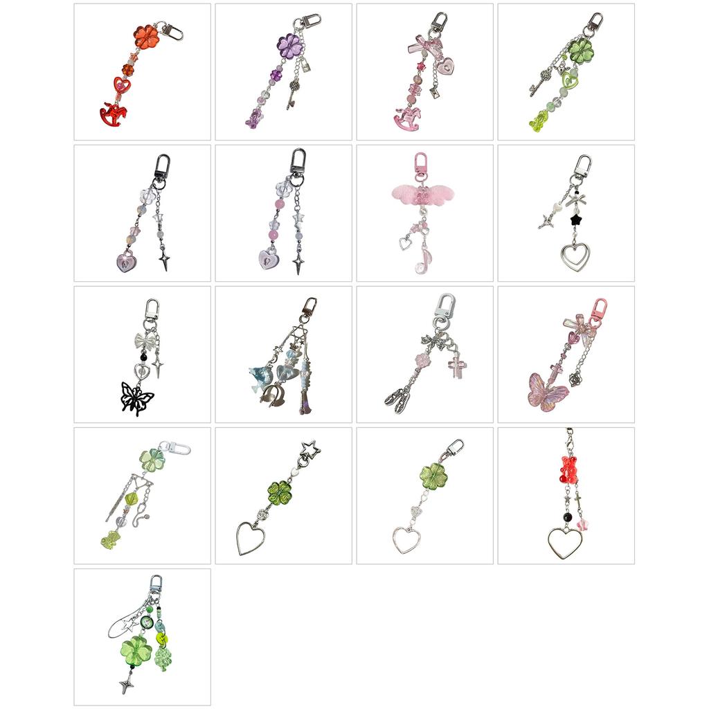 Cute Heart Beaded Keychain Bowknot Four Leaf Clovers Phone Pendant Bag Charm Stylish Accessory for Fashion Enthusiasts