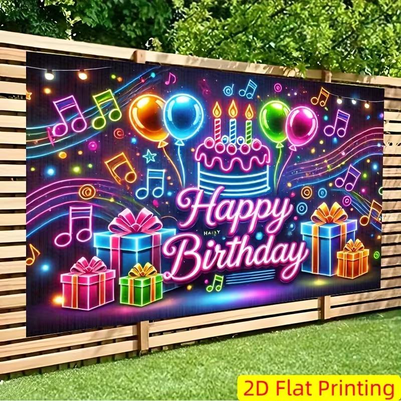 2D Neon Lights Happy Birthday Backdrop for Glow Themed Party Photo Booth