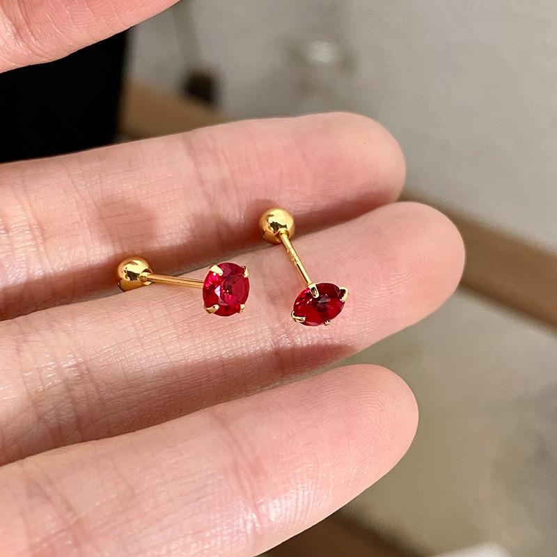 Classics Luxury Round Red Zircon Bead Stud Simple Earrings for Women Fashion Body Piercing Trend Jewelry Accessories Party Gifts