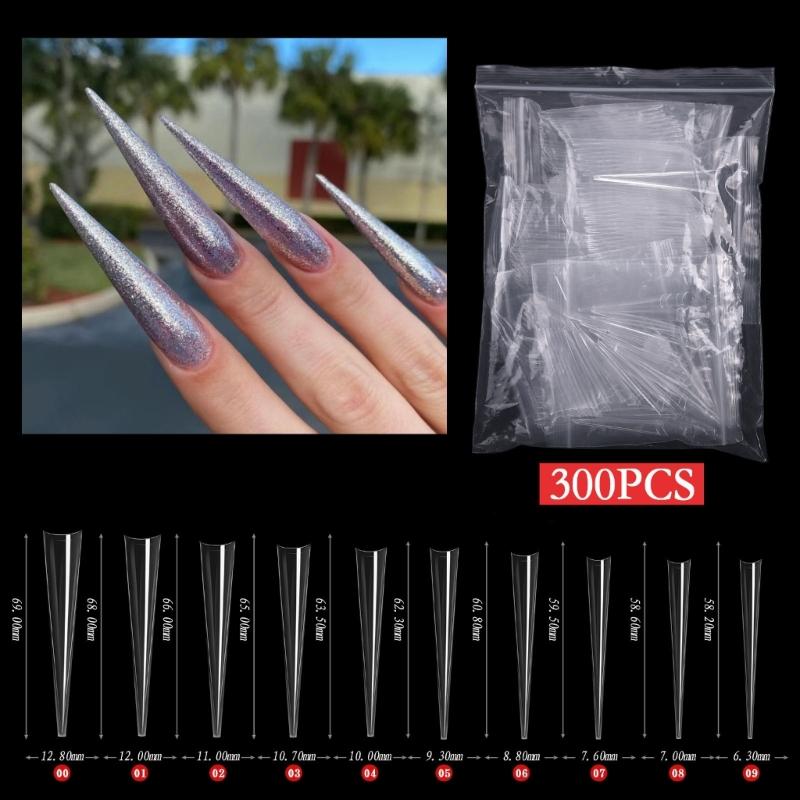 300/500pcs Stiletto Nail Tips Acrylic-Nails Long False Nails Clear/Natural Fake-Nails Half Coverage False Nail Tips