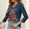 Damen Casual Mode Sexy Bequem Weihnachts-Print V-Ausschnitt Knopf Dreiviertelarm Oberteil