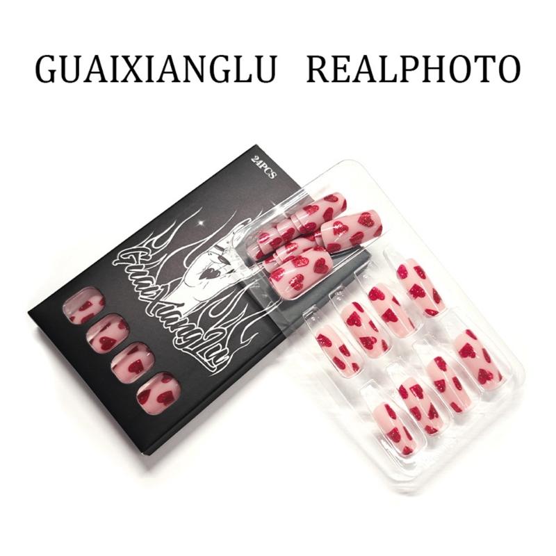 24PCS Shimmering Red Heart Press On Nail Medium Coffin Glossy Finish ABS Material Valentines Party Essential