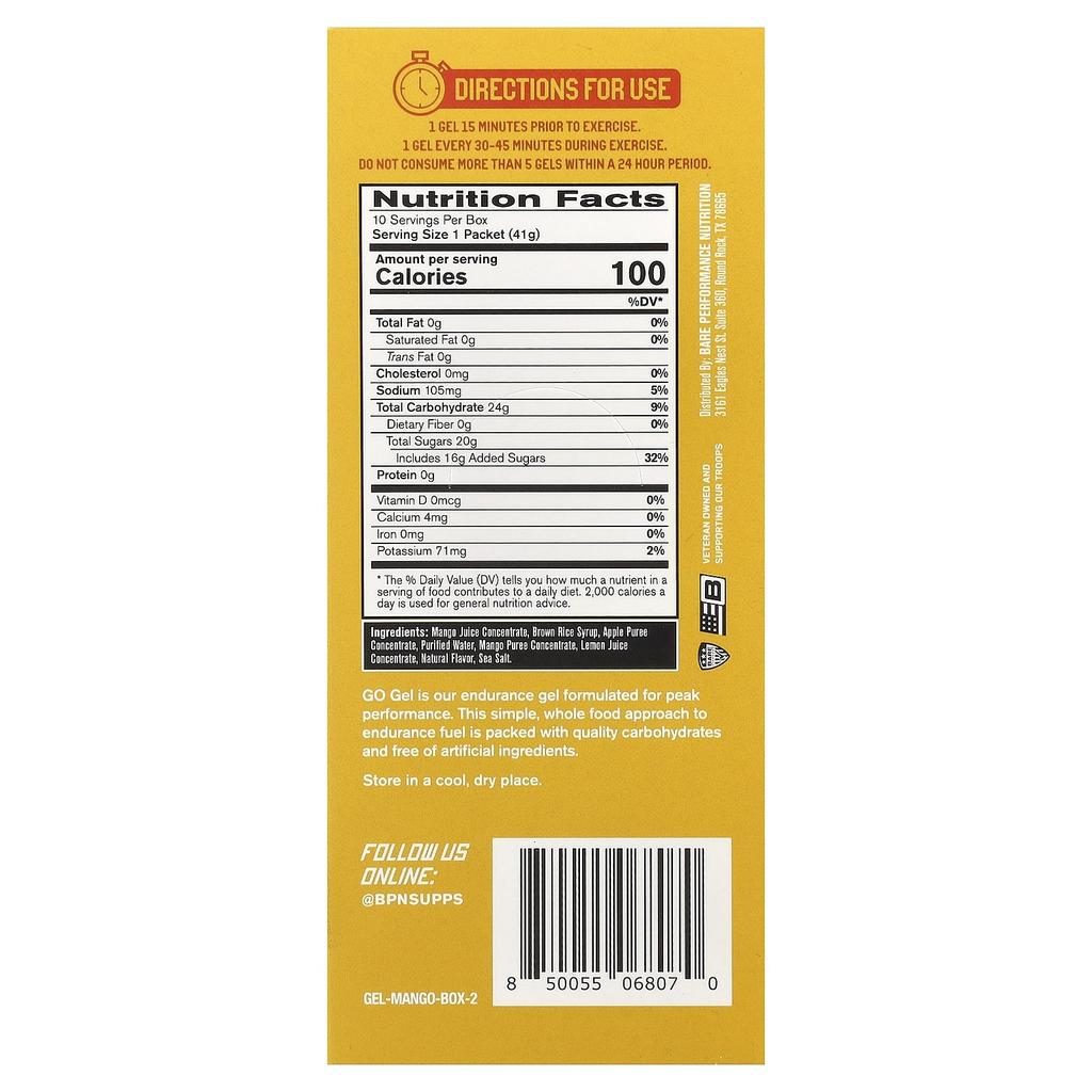 BPN, Go Gel, Endurance Gel, Mango, 10 Packs, 41g (1.45oz) Each