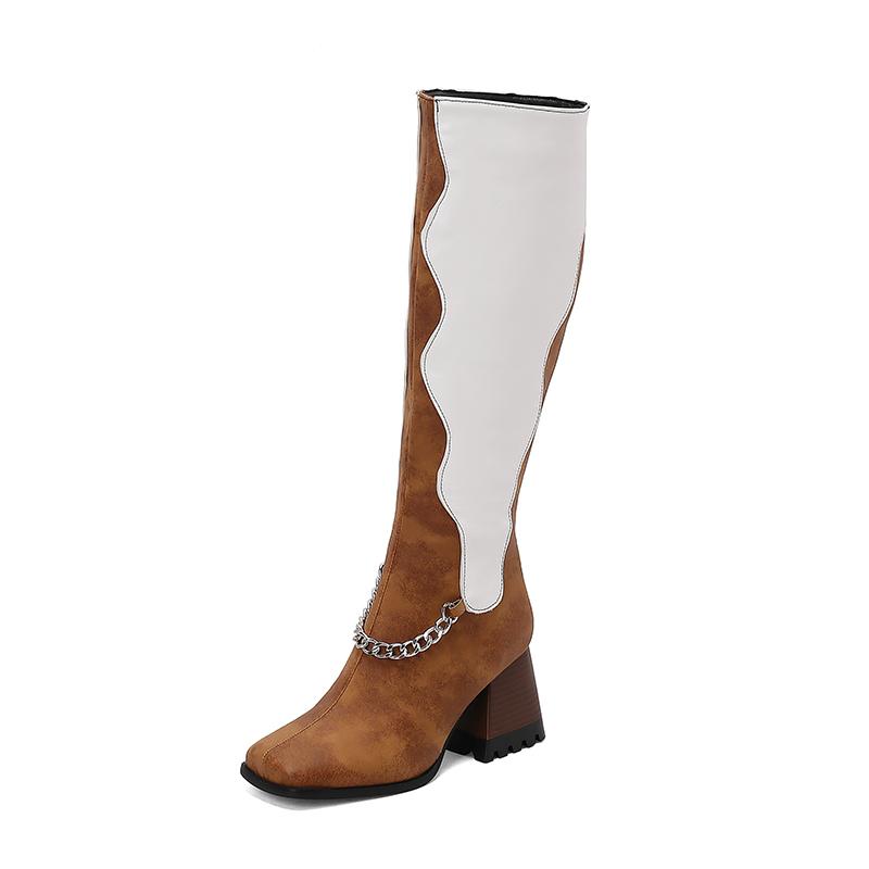 Hochwertige Lederstiefel für Damen Mode Dicke Hohe Absätze Kette Reißverschluss Kniehohe Stiefel Rutschfest Gemütliches Filzfutter Damenstiefel
