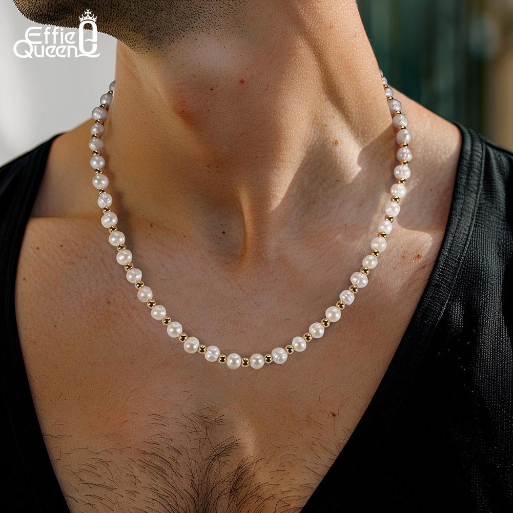 EFFIE QUEEN Hip Hop Pearl Necklace for Men Natural Pearls Beaded 925 Sterling Silver Chain Collars Simple Jewelry Gift NMN09
