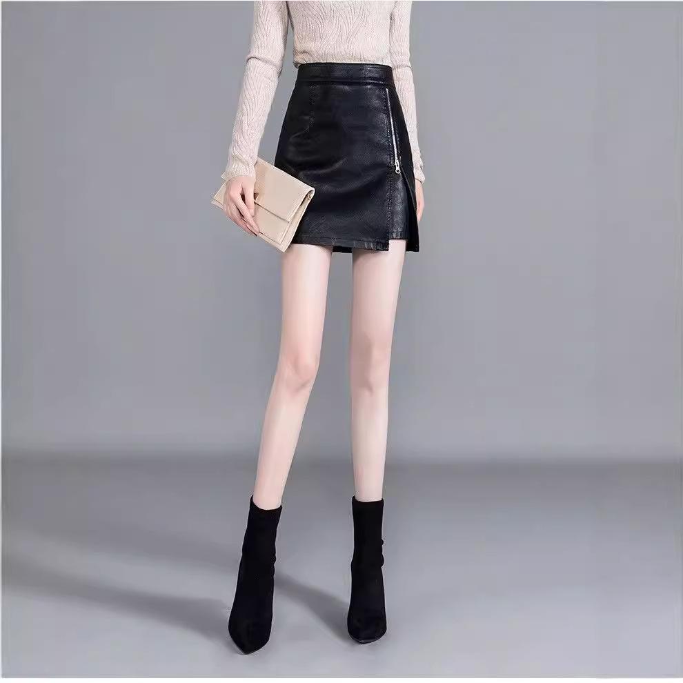 Korean Style High Waist Leather Midi Skirt with Slit - Women’s Autumn/Winter A-line Black Skirt