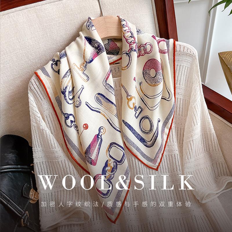 Premium Temperament Silk Wool Silk Scarf Autumn and Winter Elegant Versatile Silk Wool Scarf Warm and Comfortable Silk Wool Square Scarf