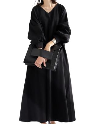 Antiqua Long Dress with Voluminous Plus Size Black Women's Sleeves, PN-00469, (L-XXL), 05,