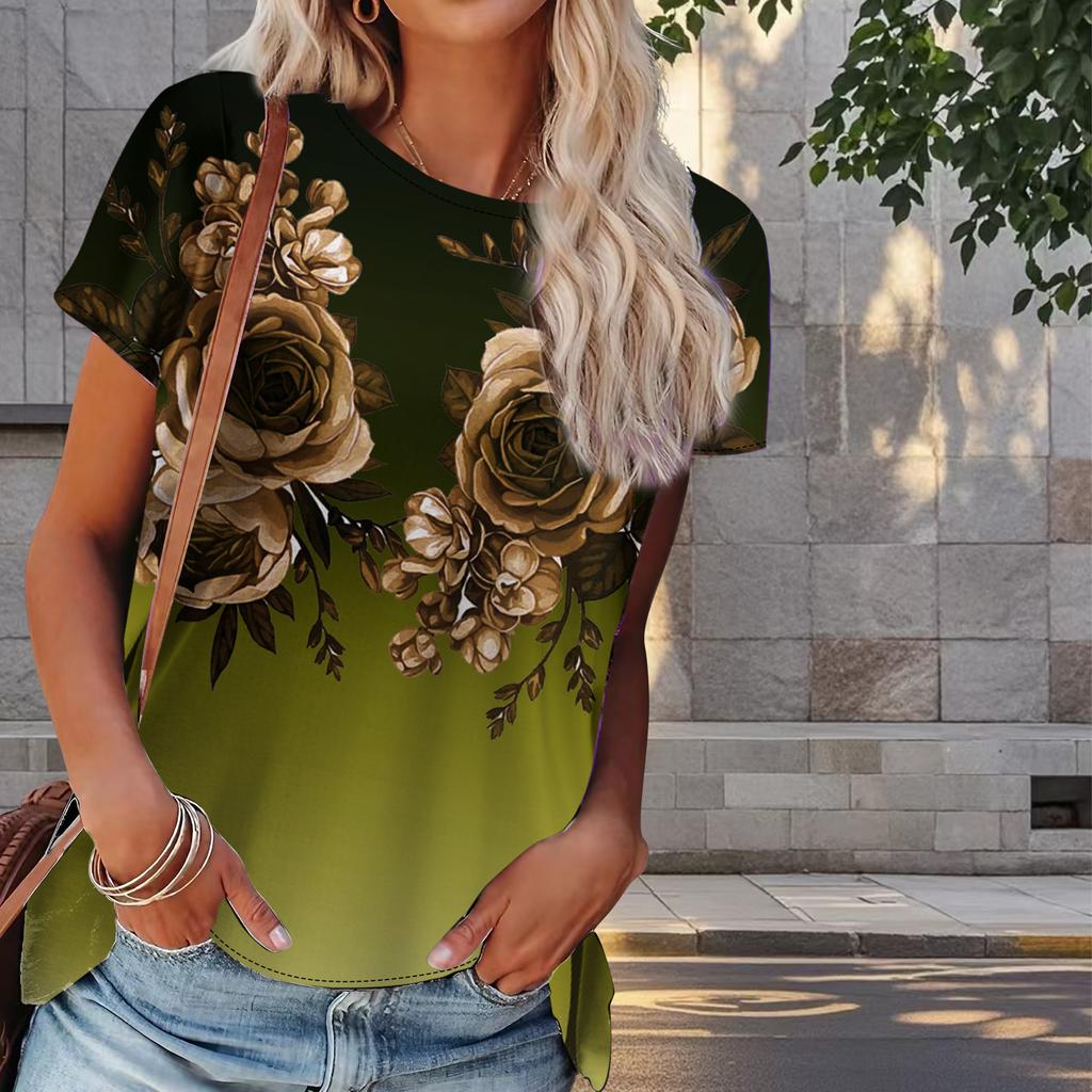 Women Summer T Shirt Flower Print Retro Fashion Short Sleeve Tees Casual   Printed  Tops
