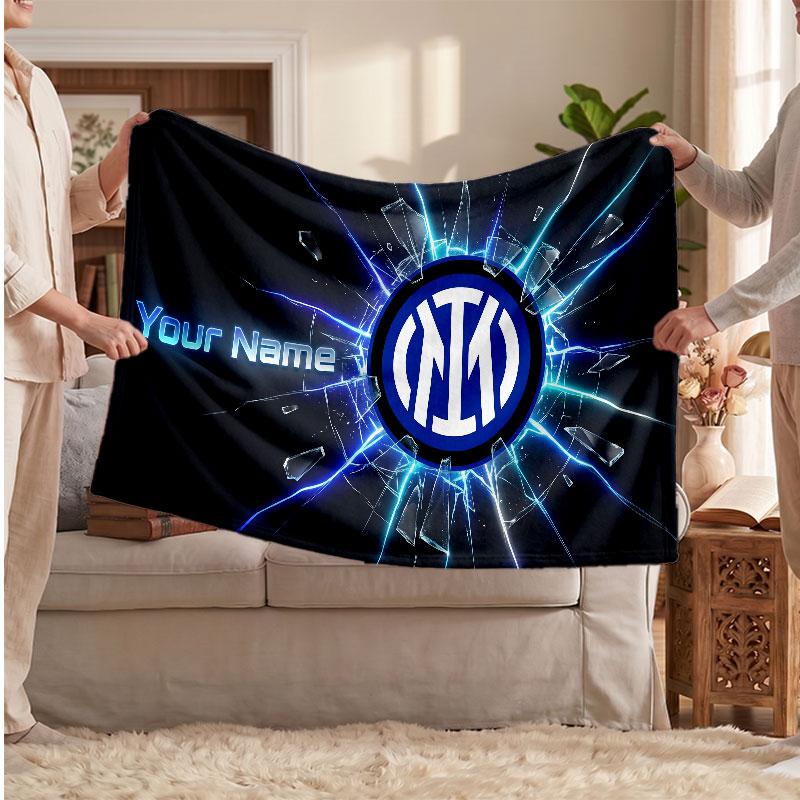 Inter Milan Personalized Fleece Blanket With Football Logo, Custom Name Text Soft Warm Home Throw Blanket