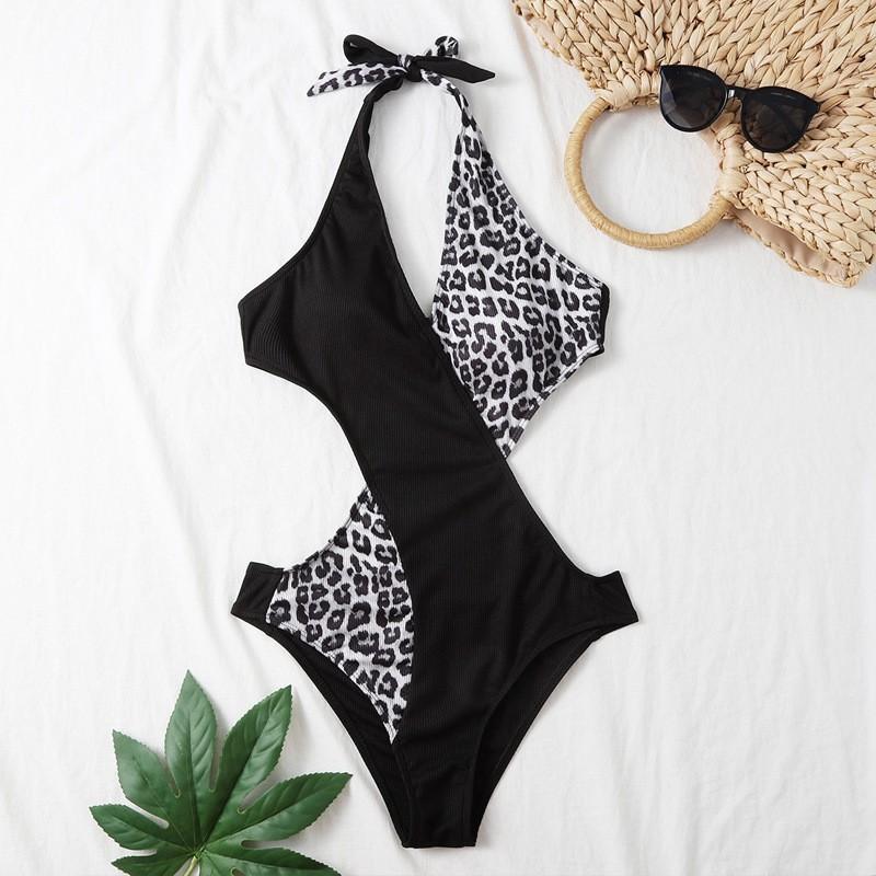 Maillot de bain une pièce léopard à col bénitier découpé pour femme Sexy Dos Triangle Bikini