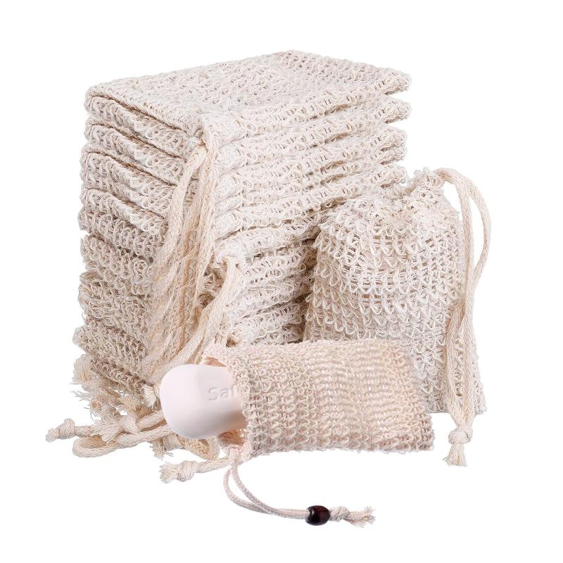 10pcs Exfoliating Soap Bag Natural Sisal Soap Saver Pouch Bag for Shower Reusable Bath Soap Bags with Drawstring Bubble