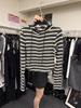 Koreanischer gestreifter Kapuzen-Reißverschluss-Strickjacke: Damen Slim Fit Herbst-Sweatshirt mit Kordelzug und langen Ärmeln.