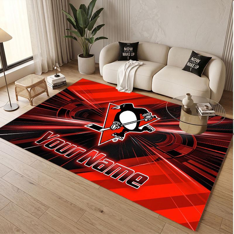 Custom Rug Pittsburgh Penguins Pattern Print Name Text Soft Non‑Slip Floor Carpet for Home Indoor Decoration