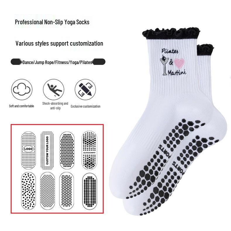 Women's Non-Slip Wood Ear Lace Yoga Socks - Mid-Calf Cotton Pilates/Fitness Socks