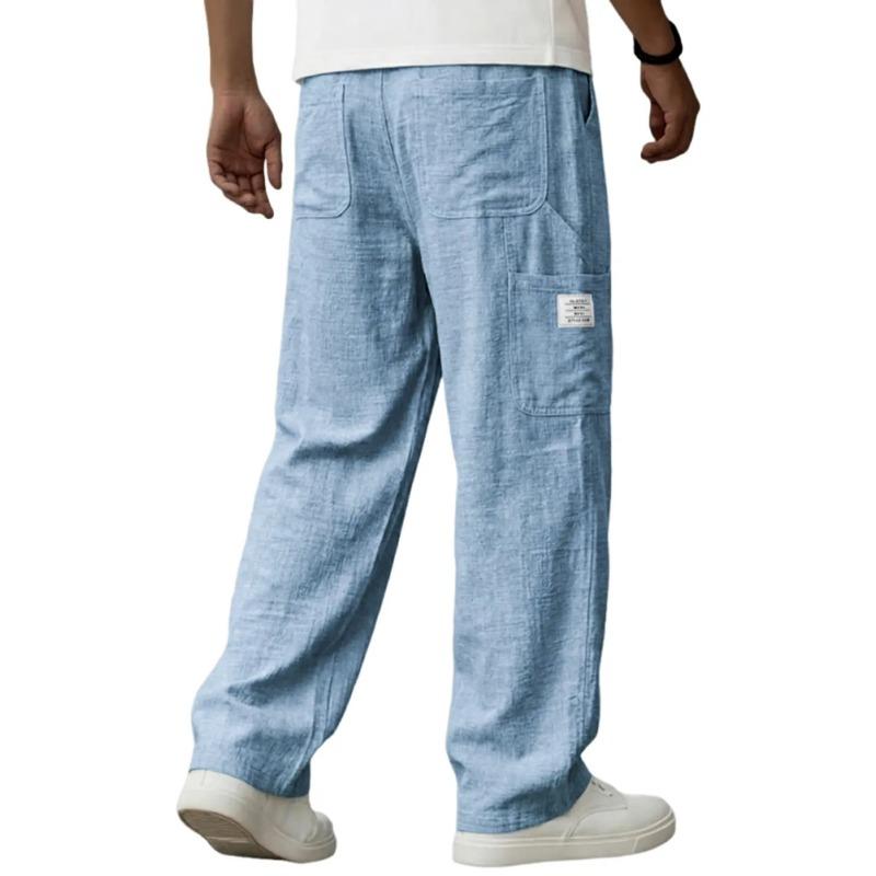 Mens Casual Linen Drawstring Waist Straight Leg Pants S синий