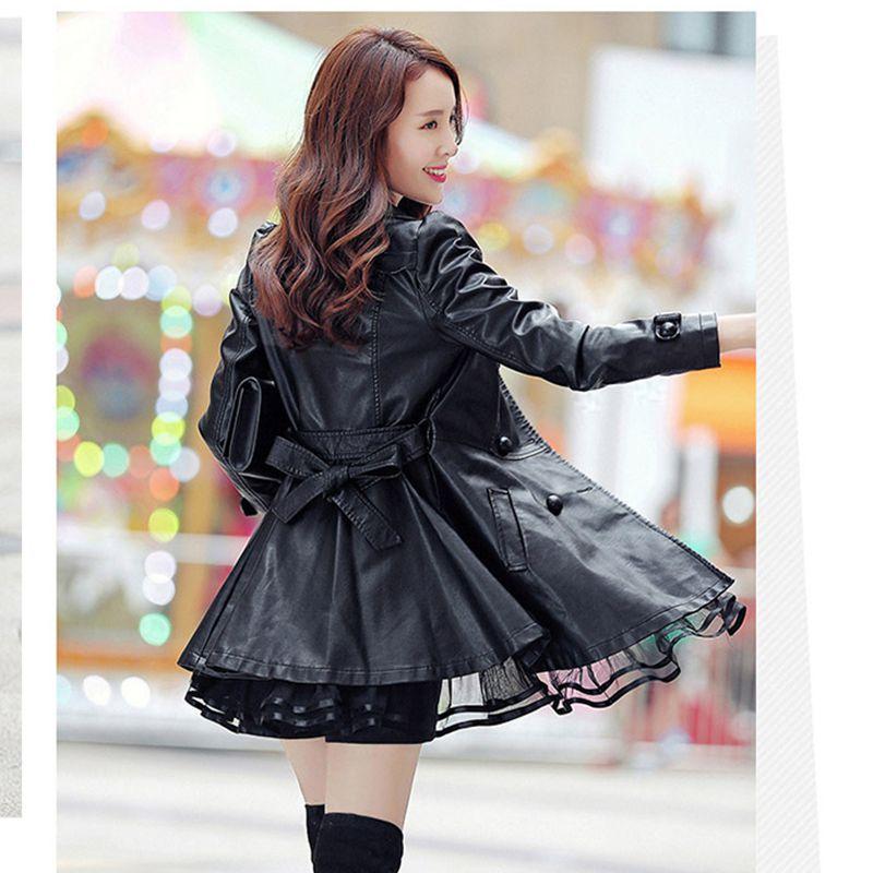 Leather jacket women's medium and long leather jacket leather trench coat autumn and winter women's clothing bubble sleeve design double-breasted