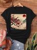 Women's Vintage Japanese Woodblock Print T-Shirt Cherry Blossom Red Sun Design Short Sleeve Crew Neck Casual Top Relaxed Chic