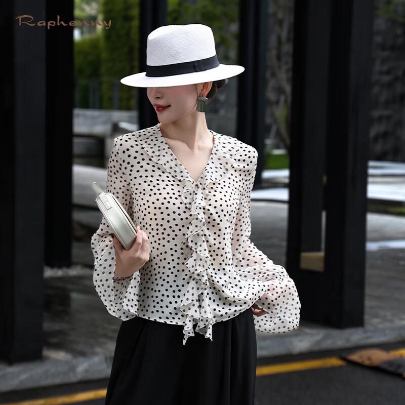 Raphenny Women's Elegant Polka Dot Ruffle V-Neck Long Sleeve Blouse