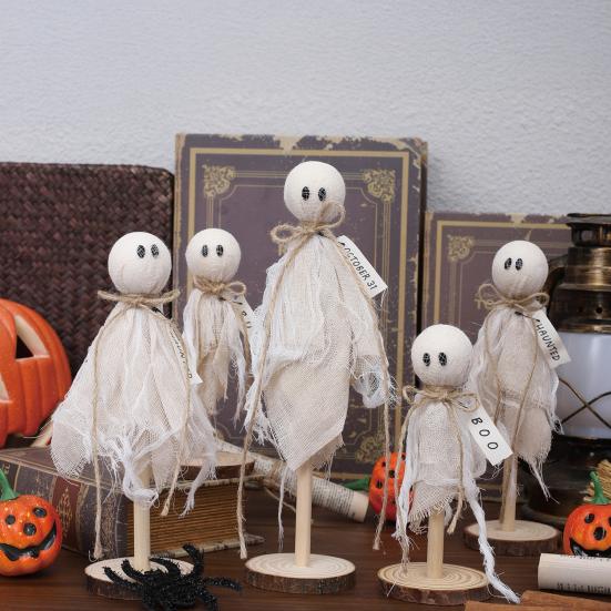 3Pcs Wooden Halloween Ghost Ornaments Rustic Shelf Sitters with Fabric Ghost Figures Farmhouse Tiered Tray Mantel Decorations