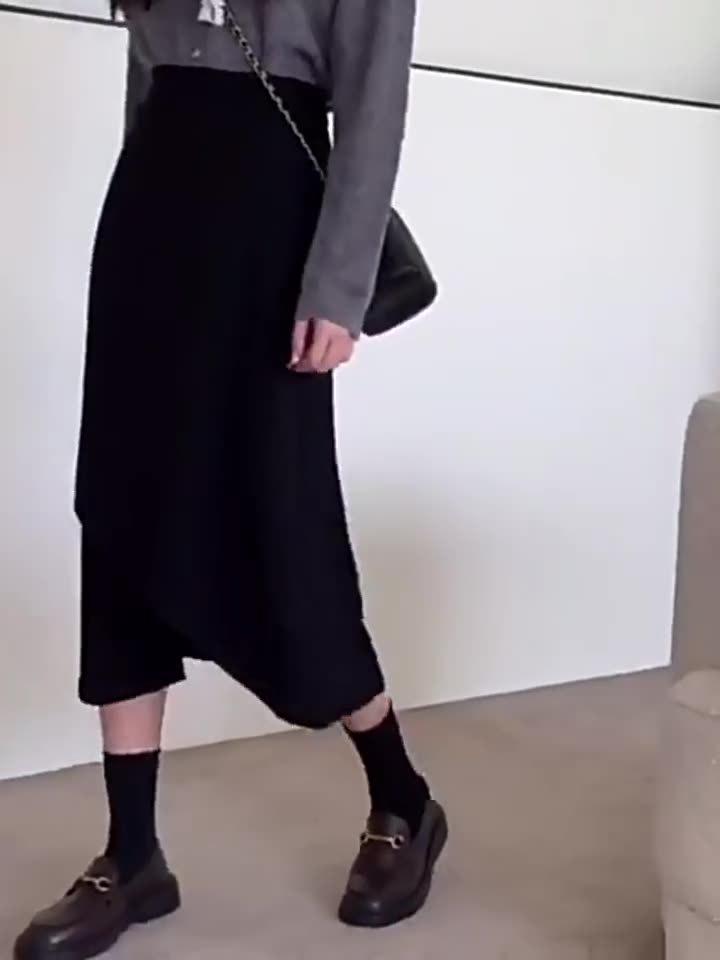 Black Irregular High-Waisted A-Line Skirt - Mid-Length Umbrella Style for Spring & Autumn 2026