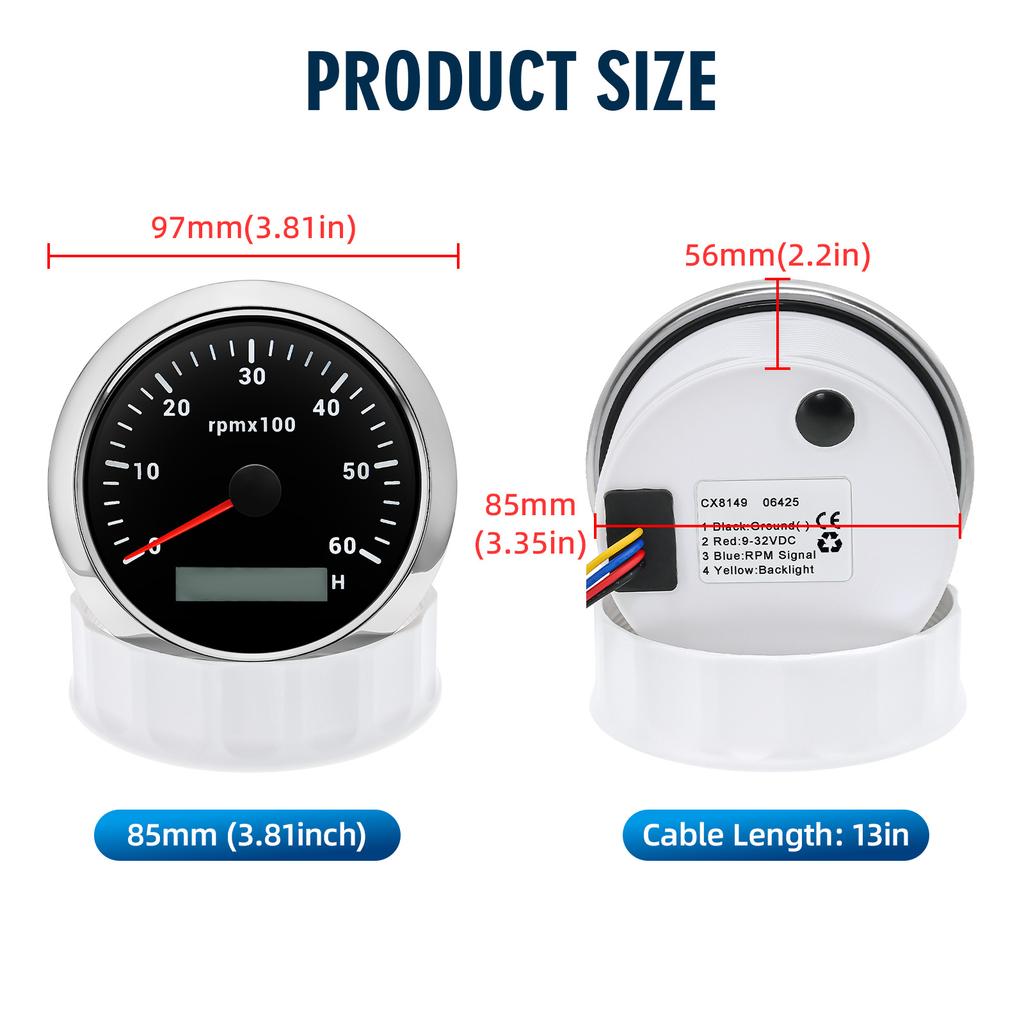 85mm Tachometer With LCD Hour Meter For Marine Boat Car 7 Colors LED Backlight Tacho Gauge 3000/4000/6000/7000/ 8000 RPM Meter