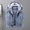 Fall Spring Lady Denim Coat Single-breasted Sleeveless Hooded Pockets Loose Jacket Drawstring Short Type Daily Wear Waistcoat