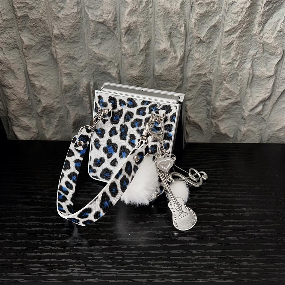 For Samsung Galaxy Z Flip7 5G Case Leopard Print Leather+PC Phone Cover with Guitar Pendant and Strap