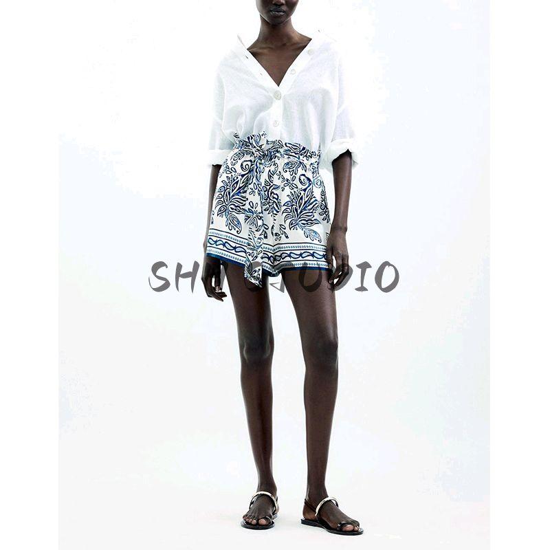 Summer Women's Clothing Ruched Decorative High Waist Silk Satin Texture Calico Paper Bag Casual Shorts 1165040