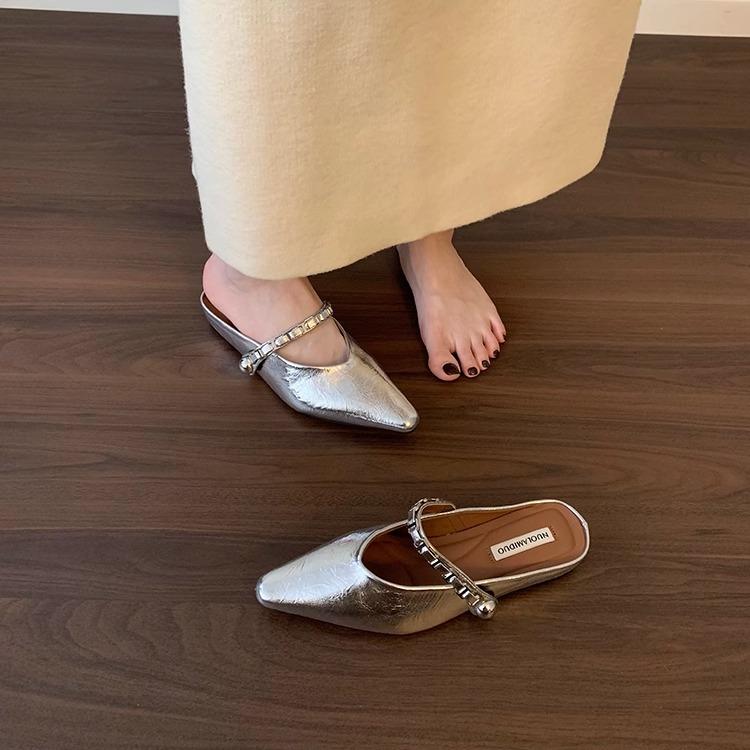 Fashion Shoes Cover Toe Ladies' Slippers Increased Internal Silver Mary Janes Slides Shoes Cover Toe Increased Internal Ladies' Slippers