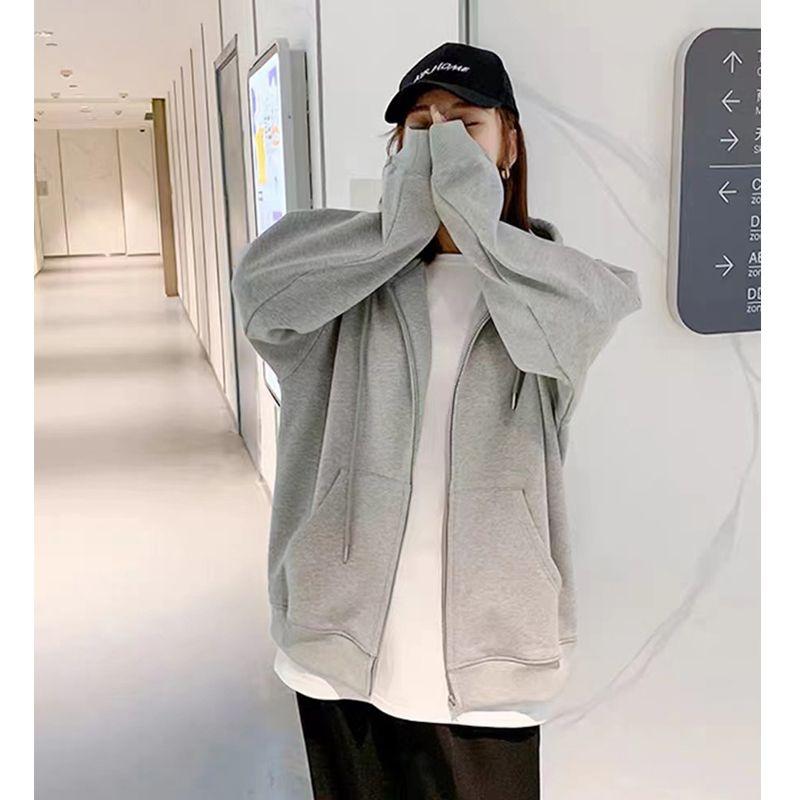 Sweatshirt Jacket Loose Spring Autumn New Lazy Top Korean Hooded Zipper Gray Casual Cardigan