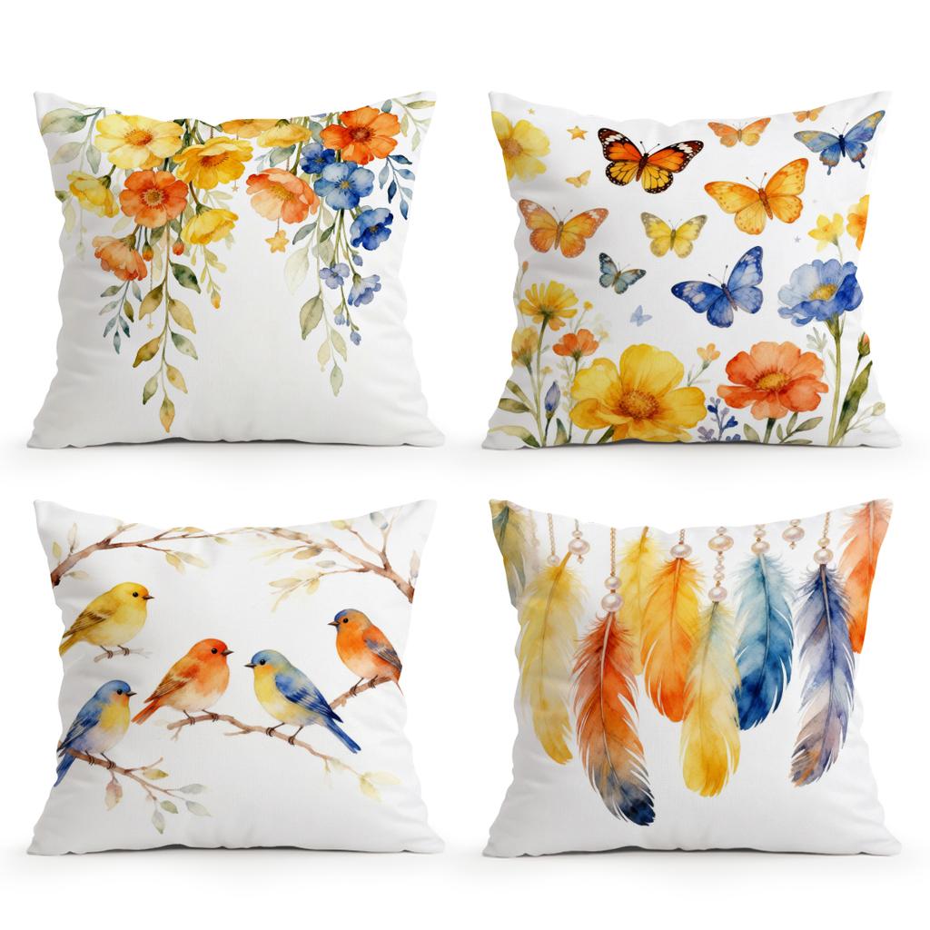 4 Pcs Watercolor Flowers Butterfly Bird Feathers Single-Sided Printed Pillowcase For Home Living Room Bedroom Car
