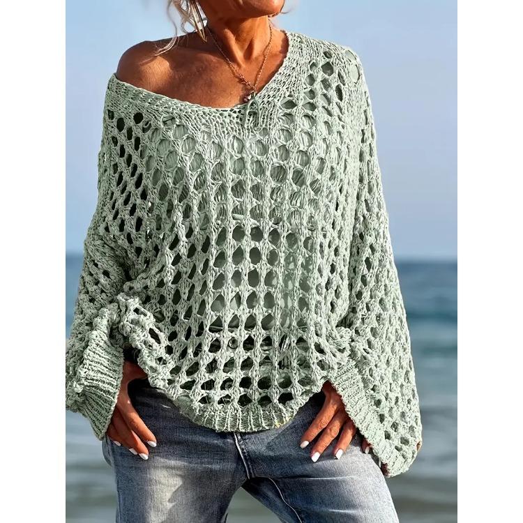 Damen V-Ausschnitt Langarm Ausgestanztes Strickoberteil Lockere Passform Lässiger Pullover Unifarben M hellgrüne