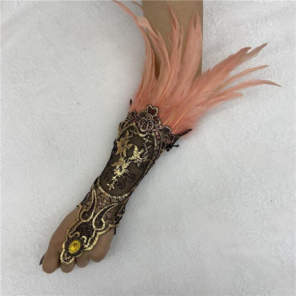 Retro Halloween Feather Cuffs Embroidery Women Feather Lace Glove Halloween Wristband  Festival