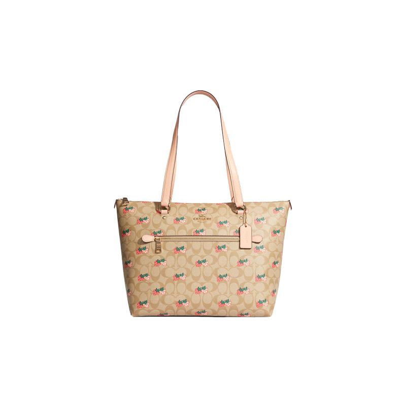 

COACH shoulder bag Gallery 32 Classic old flower all over printed strawberry print coated canvas and leather Tote Tote shopping hand large size коричневий