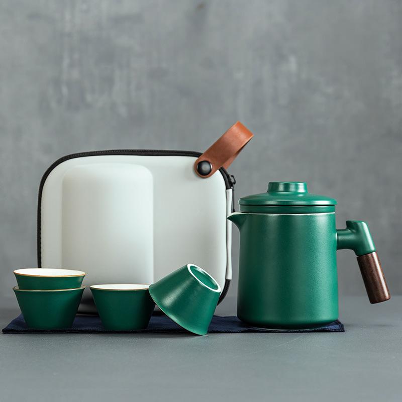 Portable ceramic one pot four cups travel tea set portable tea pot tea cup small set business gift express cup