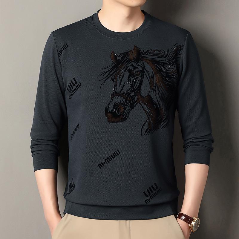 

Men s Year of the Horse Fleece-Lined Long-Sleeve Sweatshirt - Thick, Trendy, Casual, Round Neck, Autumn/Winter Base Layer XXL