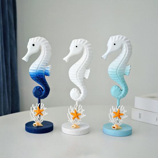 Wooden Seahorse Ornament with Round Base Rustic Seashell Starfish Seahorse Figurine Home Coastal Beach House Decoration