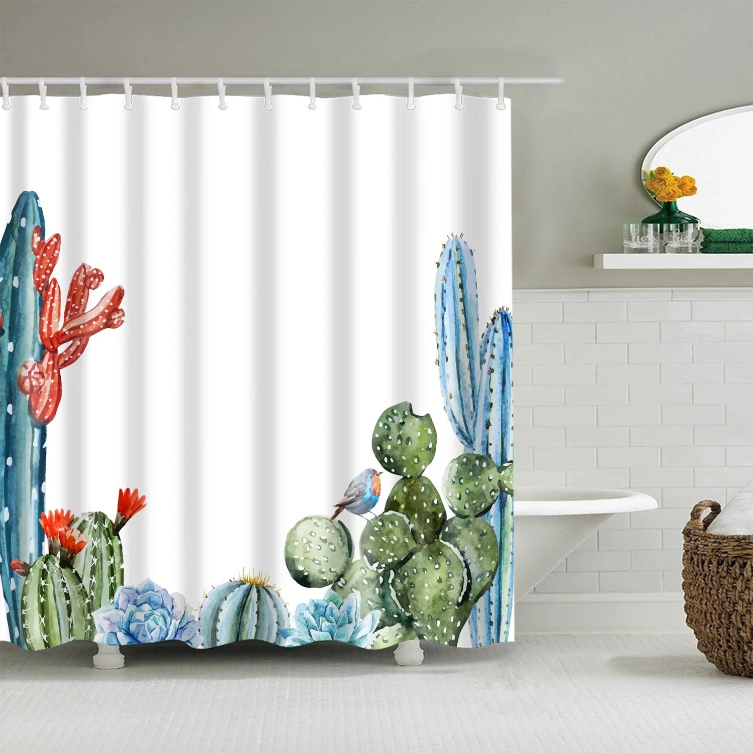 

Tropical Green Leaf Palm Cactus Shower Curtain Landscape Bathroom Curtain Waterproof Polyester Shower Curtain 90X180CM