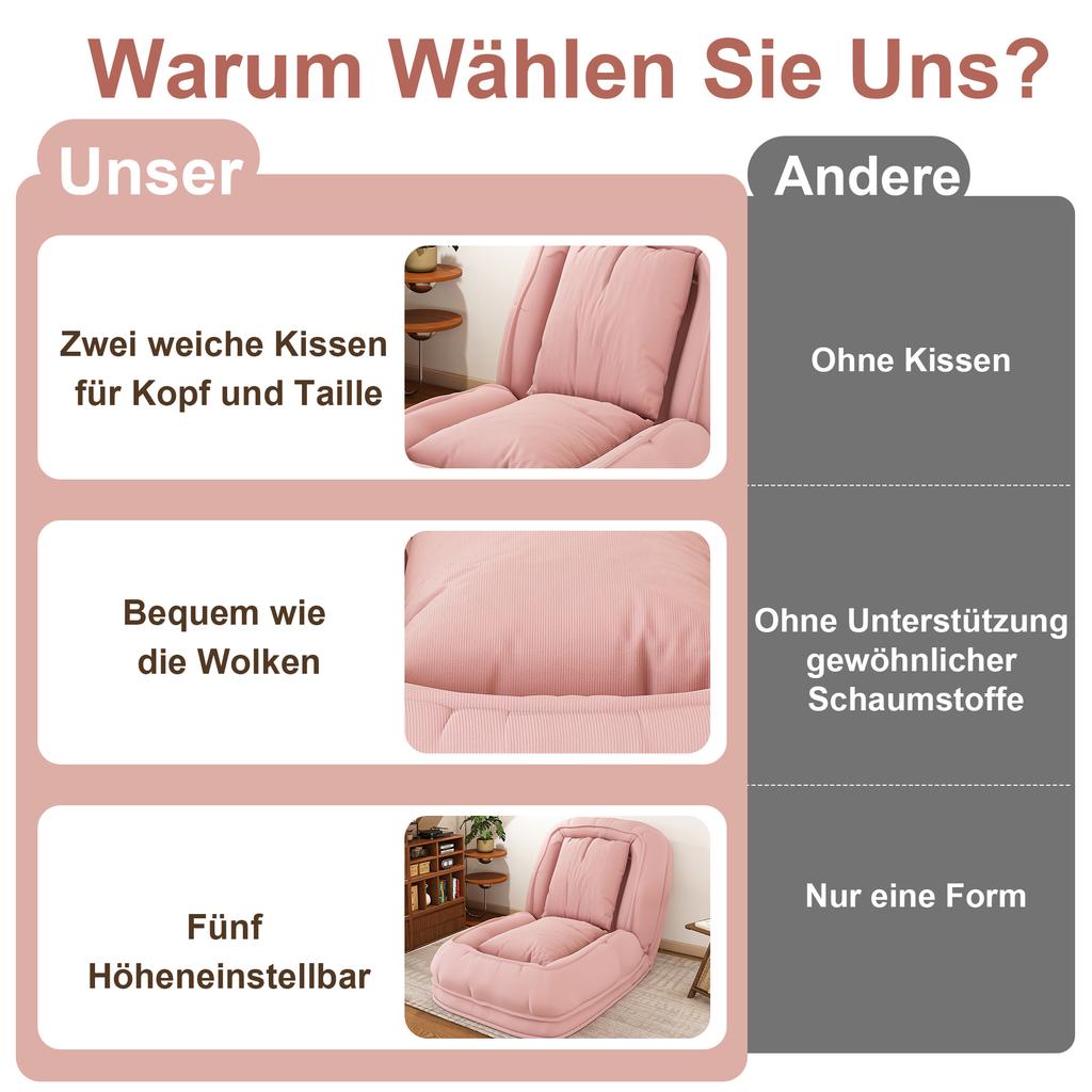 Foldable Sofa Bed for Adults & Pets – 5-Way Adjustable (90 degrees-180 degrees) with 2 Pillows, Lounger for Living Room