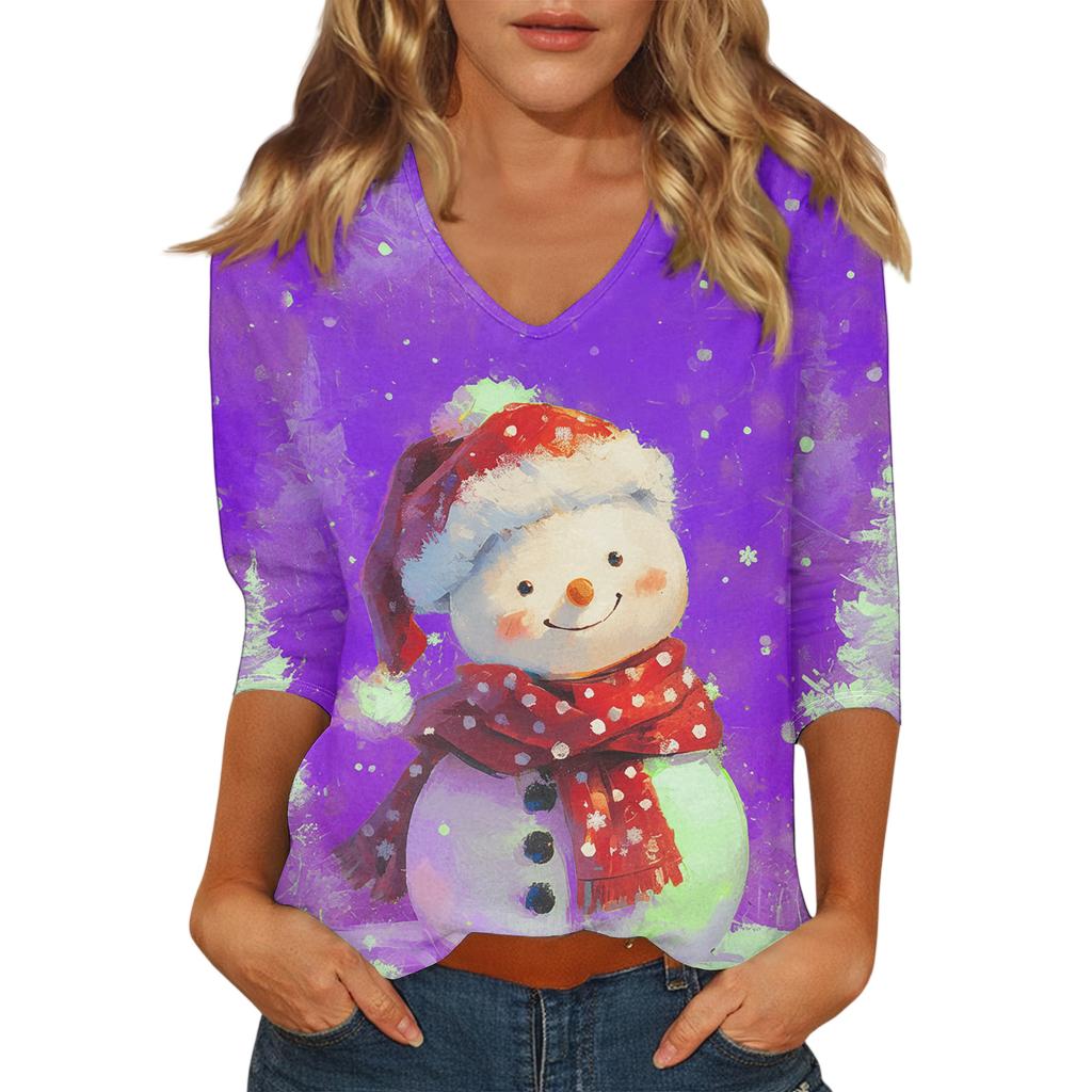 Ladies' Christmas Printed Fashionable Casual Seven Quarter Sleeved V-neck Top