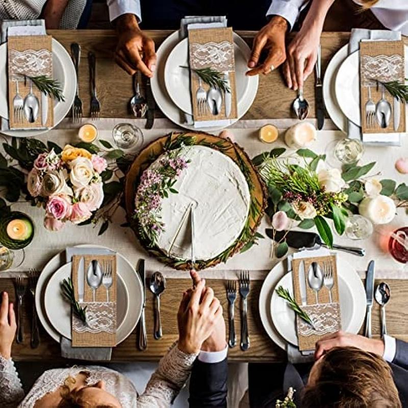 10/20/30pcs Burlap Lace Utensil Cutlery Pouch Silverware Holder Knifes Forks Bags Burlap Napkin Bag for Rustic Wedding Party Dec