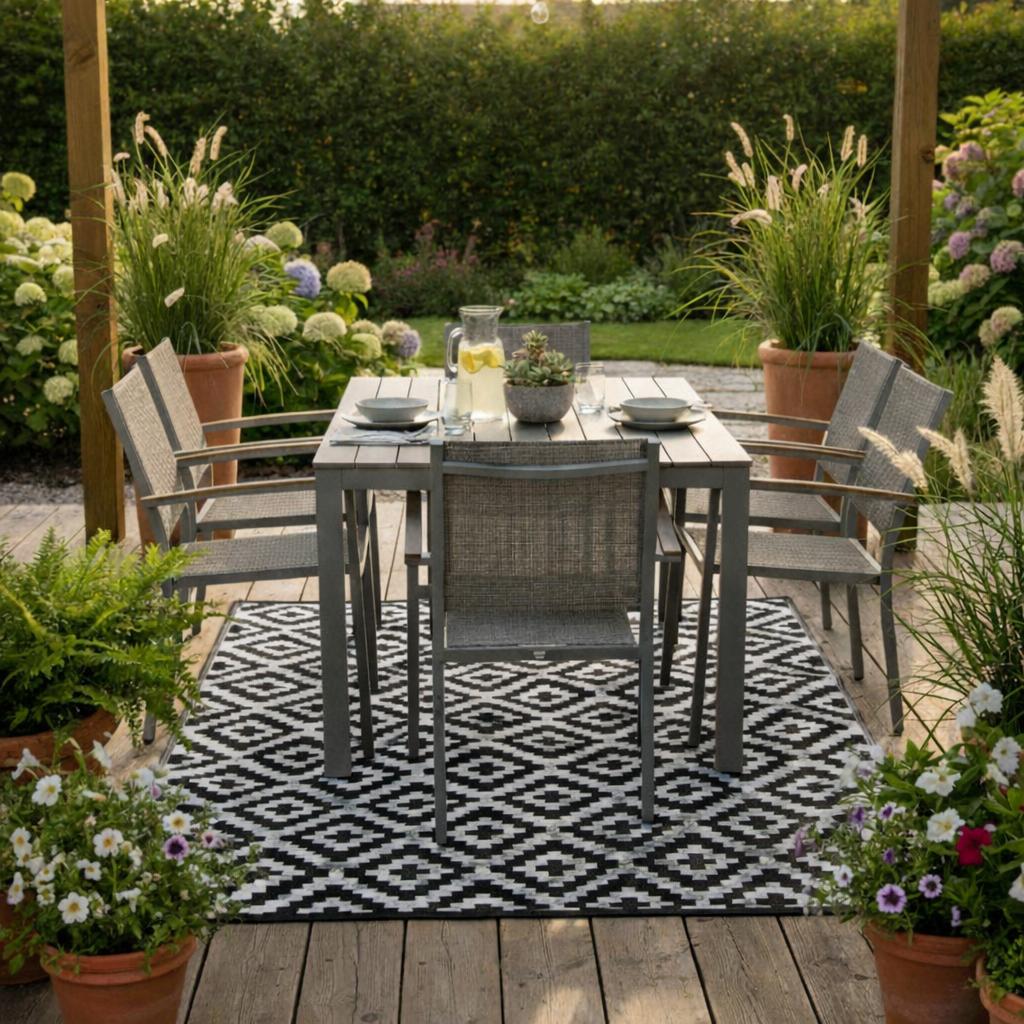 Wasserdichte Terrassenmatte Außenbereich 160x230 cm Schwarz-Weiß Rauten [Teppich2]