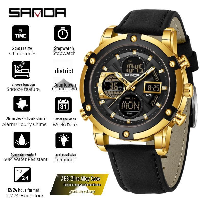 SANDA Men s Dual-Movement Sport Watch, 50M Waterproof, Casual Versatile Dual Display Watch