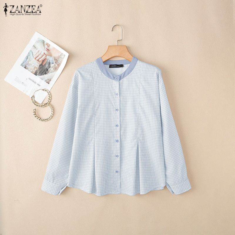 ZANZEA Women Grid Print Casual Round Neck Long Sleeve Blouse